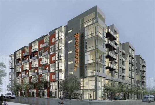 Orange and yellow accents distinguish the buildings north and west sides, respectively.