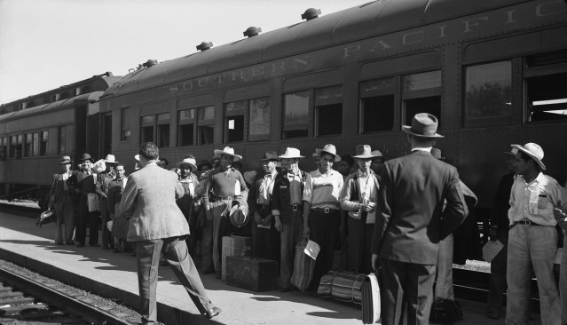 Mexican agricultural laborers arriving in Stockton, Calif., in May 1943 as part of the Bracero program