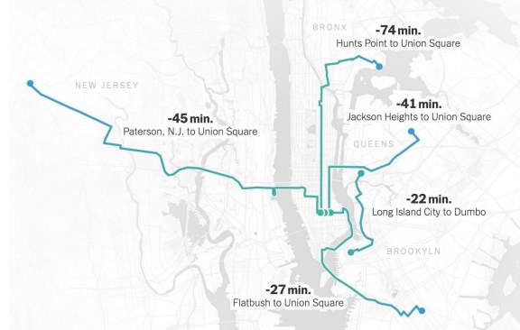 How removing private cars would shorten bus commutes in and around Manhattan (assuming a traffic reduction of 60 percent in Manhattan and 8 percent outside of the borough).