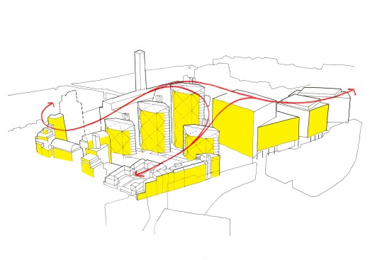 Massing/site organisation looking from south west.