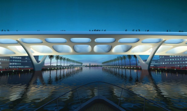 A view of the bridge from the river.