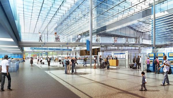 Phase+one+improvements+to+Concourse+A+will+include+the+construction+of+two+new+tracks+and+one+new+platform+on+the+west+side+of+the+railyard.+This+northwest+view+of+Concourse+A+shows+waiting+areas%2c+skylights%2c+and+mezzanine+bridges.
