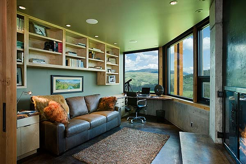 Interior, horizontal, office looking out windows to view of the Gros Ventre mountains, Landes-Oatey residence, Jackson, Wyoming; Ward + Blake Architects