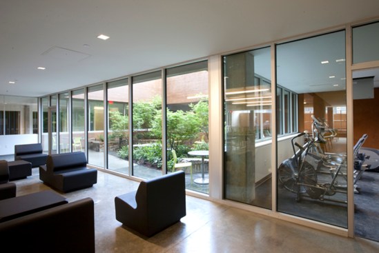 The shelter includes a workout room and common area in the courtyard.