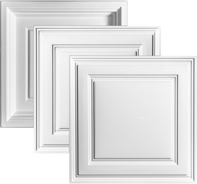 Ceilume’s Madison panel (on bottom) has 2-3/8-inch deep relief. The other styles have the same shallow coffer profile, but Oxford’s relief projects below the ceiling and Stratford’s relief is recessed to create subtle differences in shadow. The three styles are used together to create define spaces within the dining hall and over culinary areas. Panels are offered in a palette of colors, faux finishes, and light-transmitting options.
