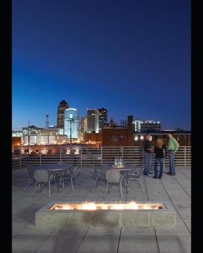 The rooftop terrace overlooks downtown Des Moines