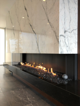 This Montigo fireplace is open on three sides for a near-fully exposed flame.
