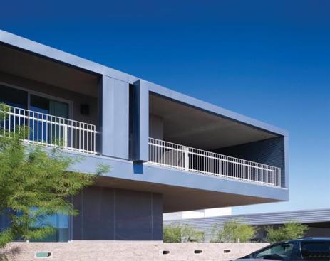 In addition to supplying outdoor shade, the overhangs serve to cool the units' interiors and (in some cases) to visually balance the exteriors.