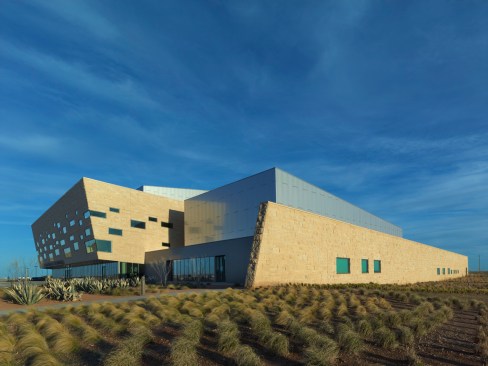 The design is inspired by the geologic strata, spare desert landscape, and endless skies
