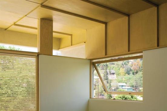 The interior restoration highlights Schindlers artful use of commonplace materials.