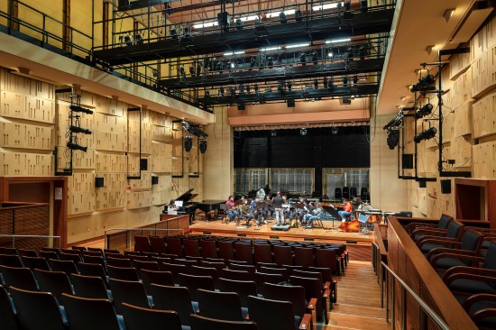The new 225-seat multipurpose theater in theater mode, with the orchestra shell up