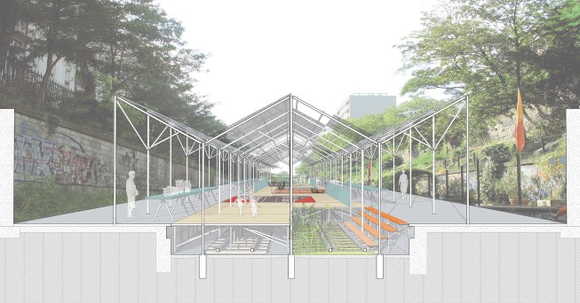 Community Platform, a collaboration with landscape architect Colleen Tuite, creates market stalls and other public space by connecting the two sides of the abandoned train tracks of the Petite Ceinture in Paris.
