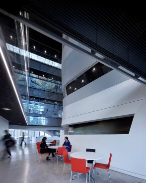 The ground floor of the Bloomberg Center, with break-out spaces for students.