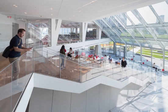 The daylit lobby of The Bridge.