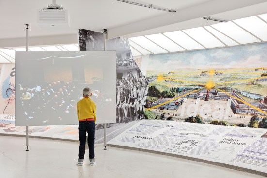 A display featuring the 19th-century French philosopher Charles Fourier’s network of phalansteries, designed to house around 1,600 agricultural workers