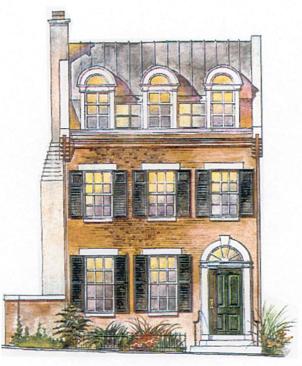 The five distinct architectural styles of houses in Phillips Row are grouped in clusters around a city block.