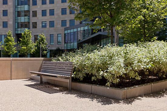Knight Bench shown in 6 foot, backed configuration with Aluminum Texture powdercoated frames with polished edges and FSC 100% Ip? hardwood slats at MIT - Massachusetts Institute of Technology, Cambridge, Massachusetts