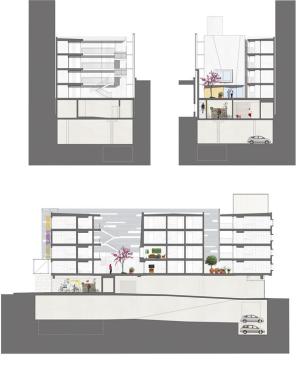 Section drawings of the project highlight its two community courtyards, which provide cross ventilation to the units.