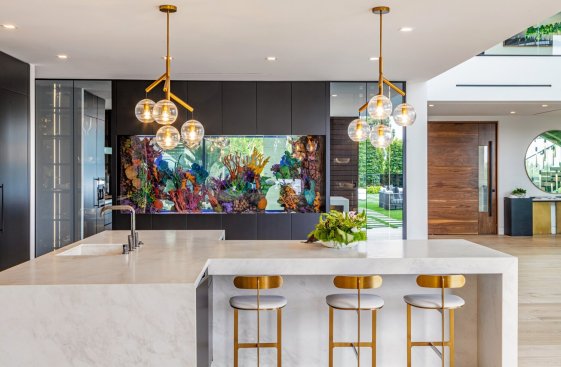 Luxury modern Los Angeles home open plan kitchen.