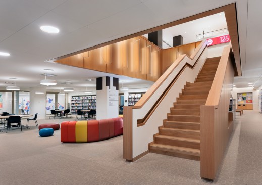 The Children’s Library play area enjoys natural light, and the Teen Center has a dedicated staircase and study and media rooms.
