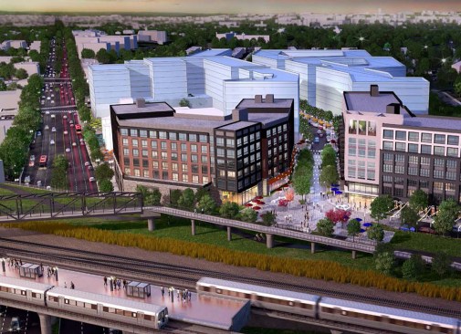 Rendering looking west over the tracks with the Trail in the foreground