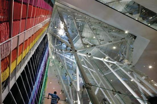 Inside the "shard"?the atrium that connects all five floors of retail space?mannequins, dressed by company stylists, fly up and down on theatrical rigging designed by Louisville, Ky.-based "flying effects" company ZFX. "We wanted to draw on the shoppers innate sense of discovery as you move through the store," explains Bohlin Cywinski Jackson principal-in-charge Robert Miller.
