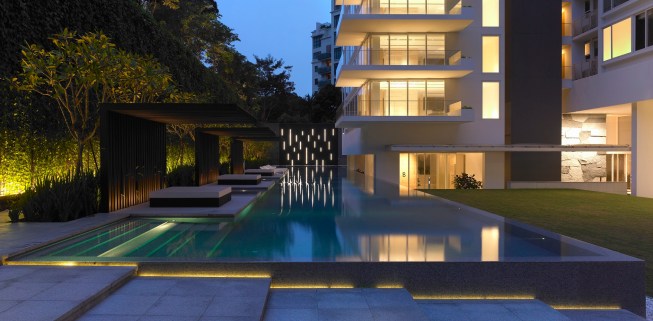 The distinctive landscaping is the perfect backdrop for common facilities.