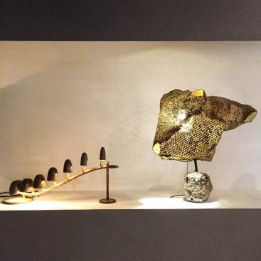 A display in the Carpenters Workshop gallery, with a lamp by Frederik Molenschot at left.