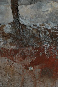 Lava overlying volcanic tephra in tomb substructure