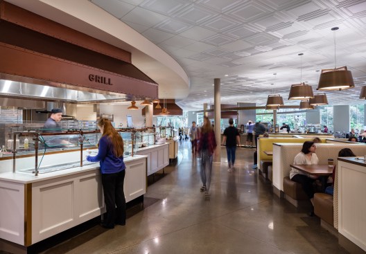 Ceilume ceiling panels are used over the food service areas as well as adjacent seating in the new Dining Commons at Mount Holyoke College. The thermoformed panels meets stringent food safety standards for hygiene and washability. 
