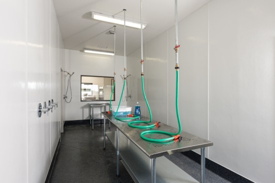 The treatment facility includes a space intended for cleaning oil soaked birds during an oil spill disaster
