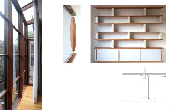 Left: Rear Parlor Oriel Window; Middle: Detail of Shelving Unit Sliding Door; Right: Rear Parlor Shelving Unit (Below: Plan Detail of Shelving Support)