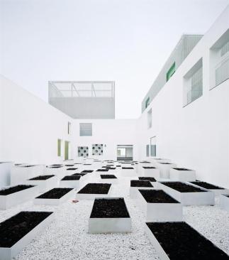 The+voids+between+the+building+volumes+allow+for+exterior+gathering+spaces%2c+like+this+gravel-lined+courtyard+filled+with+planters.