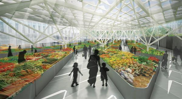 A scheme by Architecture Research Office covers the approach to the Brooklyn-Battery Tunnel with a public market hall?with a louvered roof for passive lighting and cooling?where local farmers can sell their wares. This market hall is connected to a green space and a public plaza, creating three separate-yet-connected spaces that will encourage tourists and residents to spend more time in Lower Manhattan.