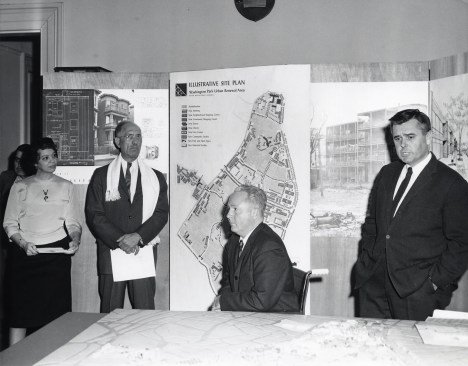 From left to right: Muriel Snowden, Rev. Samuel Laviscount, Boston Mayor John Collins, and Logue discuss Washington Park Development plans in the 1960s.