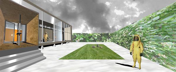 The design addresses Houston humidity with a layout that combines the shotgun and Charleston side-entry floor plans, which harness cross-breezes for cooling. Inside, bedrooms have pull-down beds, allowing for multiple use configurations. Floors are linoleum in the public spaces, wood in the bedrooms. Cabinetry and built-ins in the service wall along the back of the house, accessed behind a curtain, are constructed of clear, sealed birch plywood.
