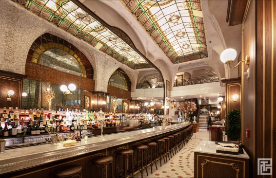 THE ARCADE/
Lighting also plays an important role in creating this momentary transition. Monumental brass chandeliers hang from the existing arcade structure, illuminating the revitalized passage, while sconces adorn the facade of the restaurant. The arcade lighting fixtures are reinterpreted and reminiscent of early 20th century Paris. In order to integrate organic elements into this partly outdoor space, cherry blossom trees are planted along each column of the facade. These trees provide a link between the city and the transformative morphology of nature. From light pink to bright orange, these trees directly connect this covered passageway to the corresponding seasons outside. Seating is organized around these natural elements to create a year-round outdoor dining experience.