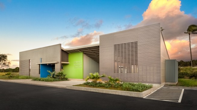 The planar facade dramatically changes color throughout the day