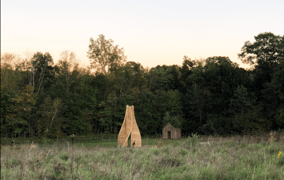 Created in collaboration with designer Martin Miller under the banner of OMG!, Evitim was constructed adjacent to Primitive Hut (in background), using leftover CNC-milled plywood sheets from the construction of Primitive Hut.