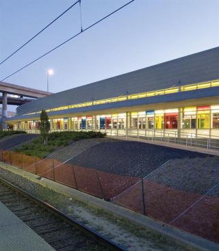 On the opposite side of the building from the Greyhound bus bays are the tracks for MetroLink, St. Louis' light-rail transit system. Color laminated films on 2-inch-thick insulated glass units from Alpen Energy Group-which are used throughout the project-play well against the interlocking zinc wall panels and add a bit of whimsy to the fa??ade. The insulated glass helps keep out noise from trains, buses, and the overpasses