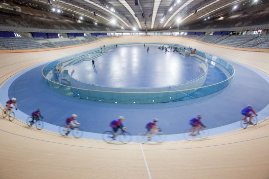 Cyclists during a trial run at the Velodrome.
