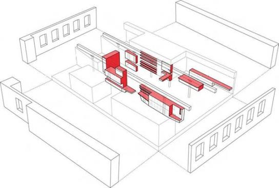 An axo of the unit shows the organization of the spaces.