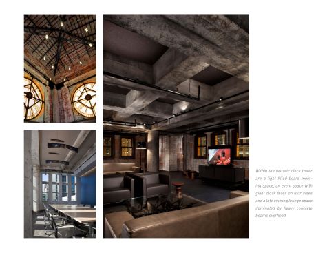 Interior: clock tower, board room, lounge space