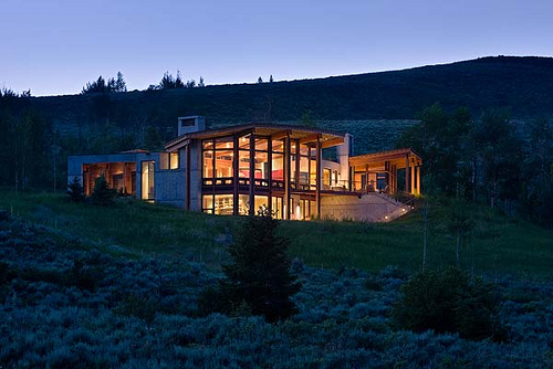 Exterior, horizontal, overall east 3/4 view at twilight, Landes-Oatey residence, Jackson, Wyoming; Ward + Blake Architects