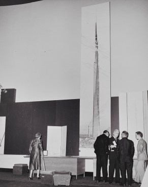 A 22-foot-tall visualization of Wright’s Mile High Illinois tower unveiled at a 1956 press conference in Chicago
