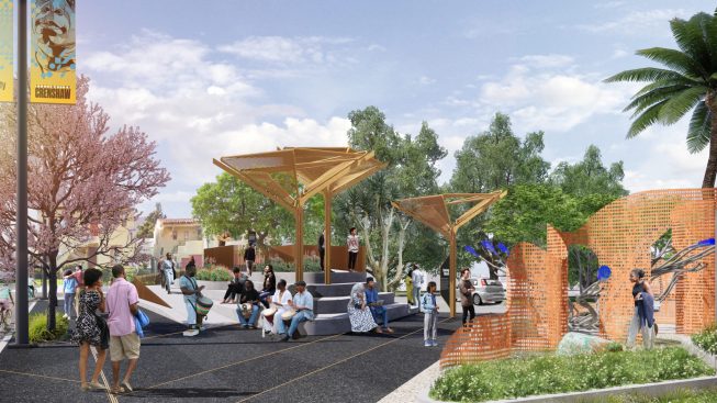 At 54th Street and Crenshaw Boulevard, two pocket parks will anchor the southern corners of the intersection and serve as the future home of the Council District 8 headquarters.