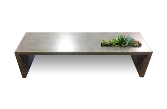 A purposeful void left in a concrete bench serves as a miniature planter box.