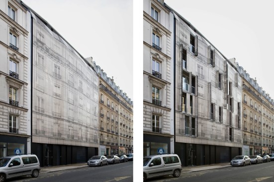 The printed image on the composite-panel façade is based on a photograph the architect took of a neighboring Haussmann-era building. Operable panels at each apartment open balconies to light and air.