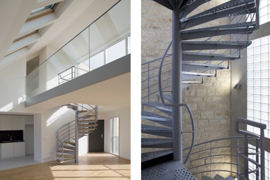 Left: A spiral staircase leads to the second floor of the top-level duplex unit. Right: The building's main spiral staircase runs from the ground to the seventh floor.
