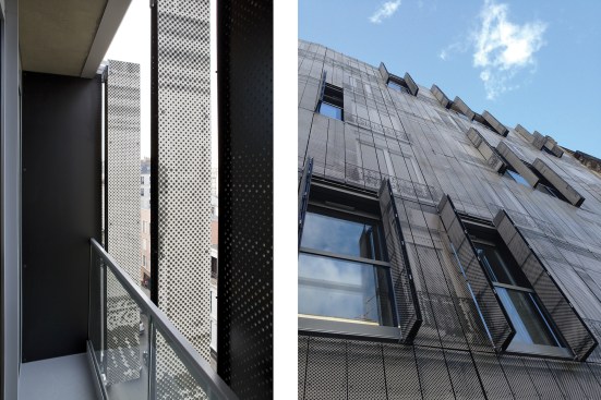 Glass doors lead to balconies behind the operable panels.